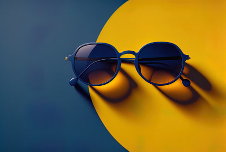 Dark blue sunglasses with a yellow backdrop in a flat lay of a minimalist summer sceneの素材