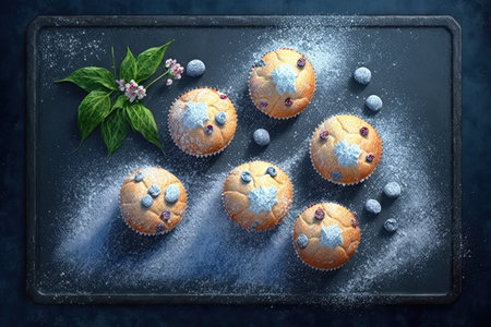 Delicious blueberry muffins on a black slate board top view sprinkled with icing sugarの素材