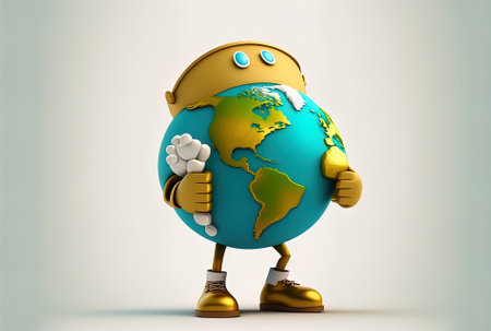 Earth globe figure mascot on a white backdrop holding a piggy bank and a golden dollar coinの素材