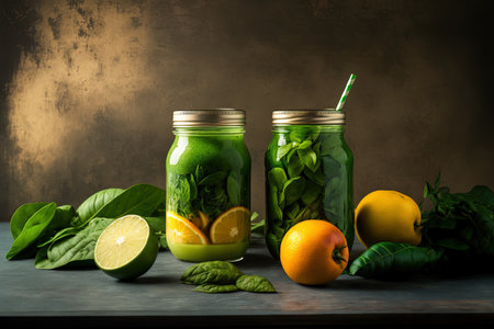 Healthy green smoothie in glass jars with spinach mango orange lime apple and citronの素材