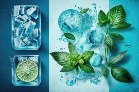 Mojito fixings Blue background with ice cubes mint leaves and a limeの素材