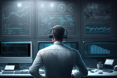 A security system architect at work verifies the system while protecting business dataの素材