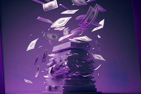 Purple background with a stack of money in the air. Spending money the idea of a cashless societyの素材