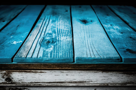 Plank board background texture with a blue wooden table in the foreground that is emptyの素材