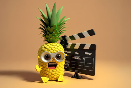 Fun pineapple figure mascot with a cinema clapper board and a yellow backdrop from a cartoon.の素材