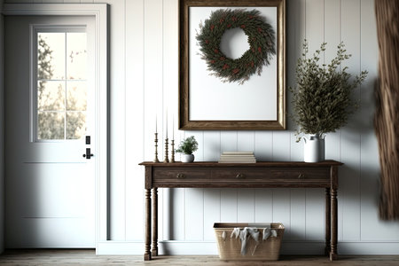 Holiday farmhouse entrance. White wall nearby wood console table. Mockup of an interiorの素材