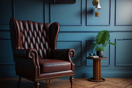 Interior design for a vintage room with a leather armchair on a wooden floor and a blue wallの素材