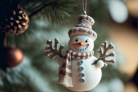 Funny snowman Christmas ornament dangling from the branches of the tree in new year detailsの素材