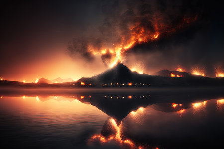 Nature on fire panoramic view. Night shot. Arson and fire disaster and extreme events themesの素材