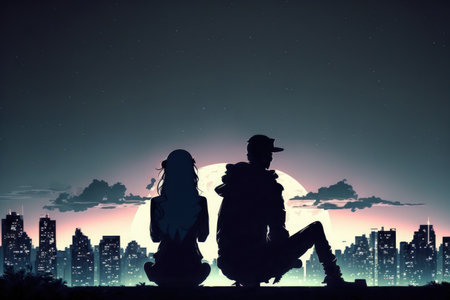 Silhouette of couple sit on ground point faraway on the roof above the city in the nightの素材