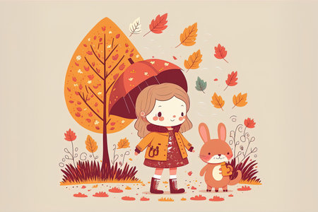 Little girl strolls around the park while cuddling a toy rabbit. a wet autumn. adorable drawingの素材