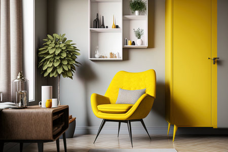 Illustration of a contemporary living room with a yellow armchair and Scandinavian furnishingsの素材