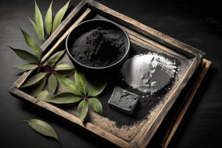 Powder and bamboo charcoal on a wooden tray. duplicate spaceの素材