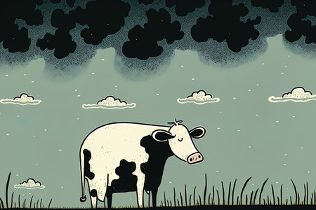 An lonely cow munching grass in a large field is seen vertically along with the gloomy skyの素材