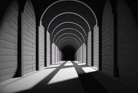 Vertical greyscale image of a tunnel corridor that would look excellent against a black backdropの素材