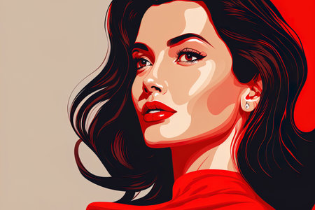 representation of a fashionable lady. Face of a stylish lady wearing red clothing and cosmeticsの素材