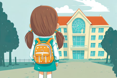 Little girl staring at school building from the rear during a bright summer day neural networkの素材