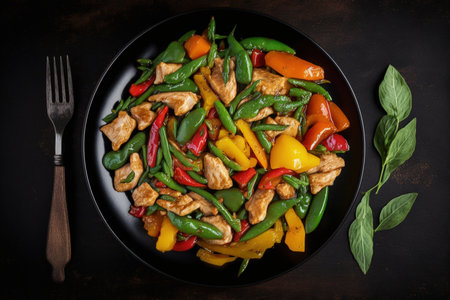 Stir fry chicken sweet peppers and green beans. Top viewの素材