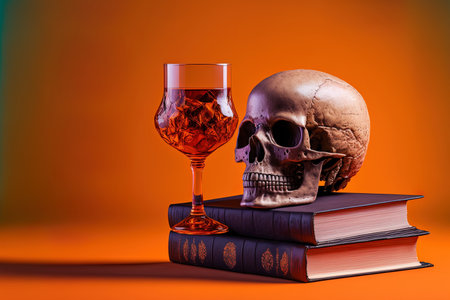 Old books a skull and a glass of booze on an orange backdrop. room for text insertionの素材