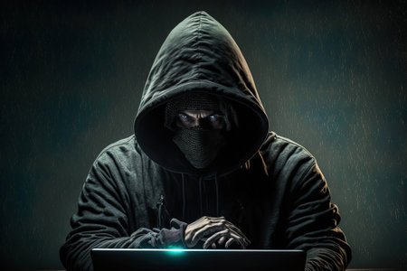 A hacker in a black hoodie is seated in front of a laptop and is gesturing with his fingersの素材