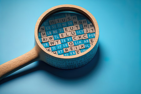 magnifying glass and word search written wooden cubes on blue background search conceptの素材