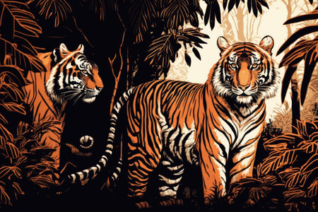 context texture pattern black and orange striped tigers on a safari in the bushの素材