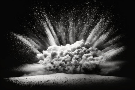 White powder snow cloud explosion in an abstract wide horizontal design on a black backgroundの素材