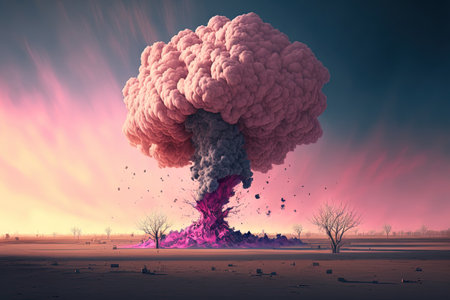 bomb smoke in the distance explosion related smoke plumes of pink smoke in the backgroundの素材
