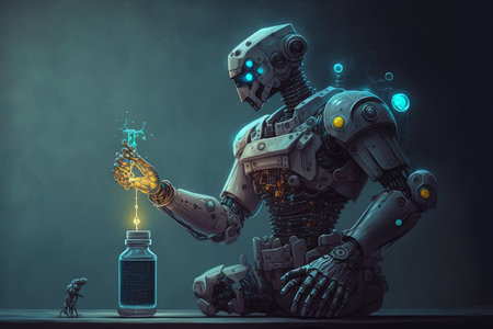 Using artificial intelligence a doctor robot tries to inject medication into a patientの素材