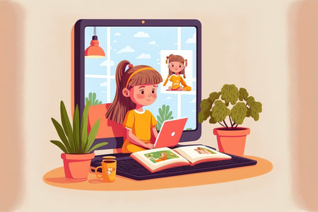 cute preschool child watching video lesson by laptop distance education concept kids online learningの素材