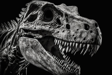 Skull of a Tyrannosaurus rex. Photographic Detail of a Huge Dinosaur dinosaur skeletonの素材