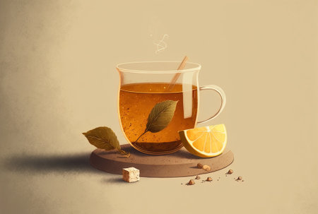 On concrete a cup of tea with brown sugar honey and lemon. leading edge copy spaceの素材