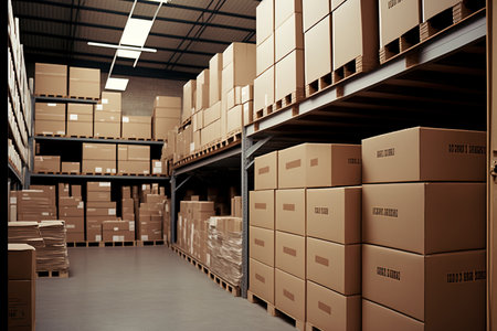 picture of a warehouse with cardboard boxes stacked on racks within a manufacturing storage areaの素材