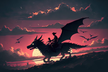 the dragon riding dark knight in a digitally styled image painting of the sky at duskの素材