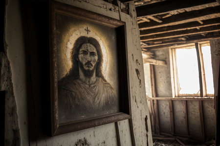 view inside the building lumivaara karelia The antique and faded image of Jesus Christ on the wallの素材