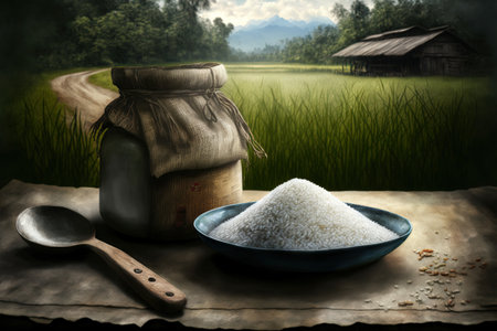 A table with a scoop of long white rice and a burlap bag in front of a lush agricultural areaの素材
