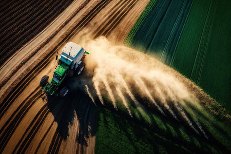 Aerial view of farming tractor plowing and spraying on fieldの素材