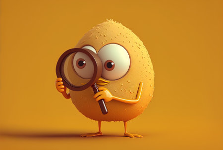 Character mascot of a brown chicken egg person holding a magnifying lens on a yellow backdropの素材