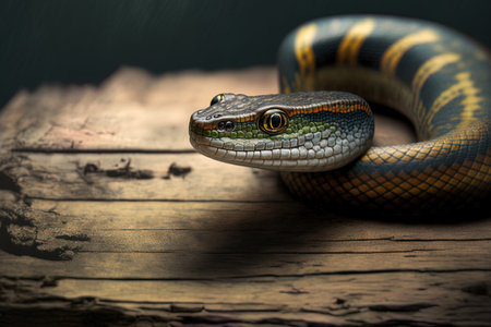 Asian vinesnake in a protective stance up close and in the front view on a piece of woodの素材