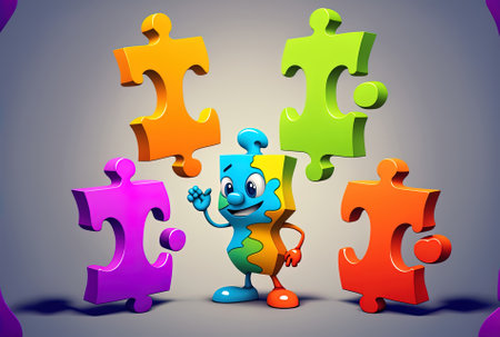 Cartoon figure mascot with a question mark and four pieces of a colorful jigsaw puzzleの素材