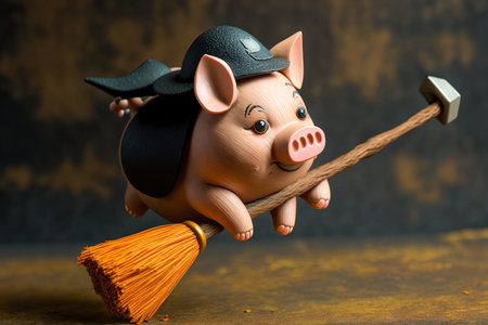 Pig with flying broom in flat charming animal image for children. adorable pig figurineの素材