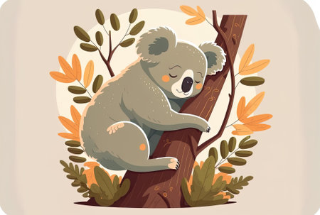 Cartoon of a cute koala napping on a tree. notion of an animal in nature solitary. cartoonishly flatの素材