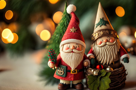 Christmas idea dolls with branches depicting Santa Claus and various holiday decorationsの素材
