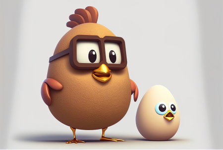 On a white backdrop a brown chicken egg figure mascot holds a piggy bank and a golden dollar coinの素材