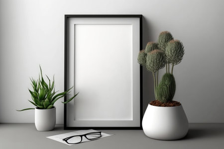 Photo frame against white wall poster mockup. Simple photo frame mockup. Empty frame on white tableの素材
