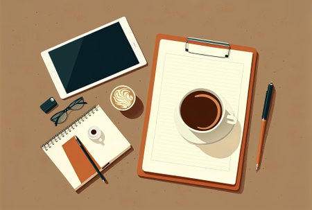 First coffee workplace at a creative desk flat lay top view with clipboard pen and cupの素材