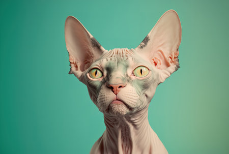 Portrait of a perplexed sphynx cat trying to caach isolated on a pastel green backgroundの素材