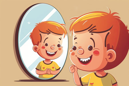 In the morning a happy and cute little boy uses the mirrorの素材