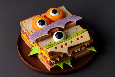 On a platter a fun Halloween monster sandwich includes slices of meat sausage eggs and cheeseの素材