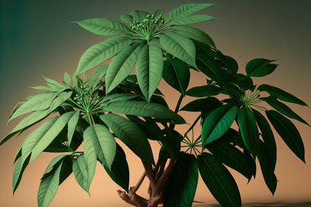 Money tree plants (Pachira Aquatica). Pachira aquatica leaves in green on a beige backdropの素材